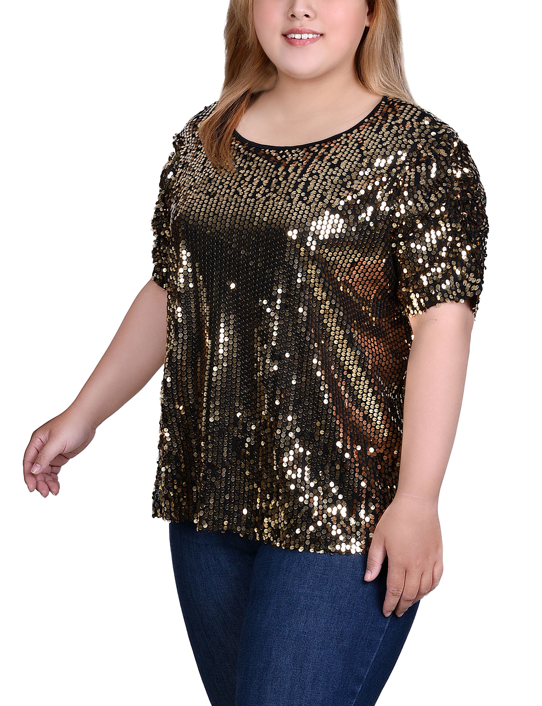 Short Sleeve Sequined Top, Gold, alternate image number 2