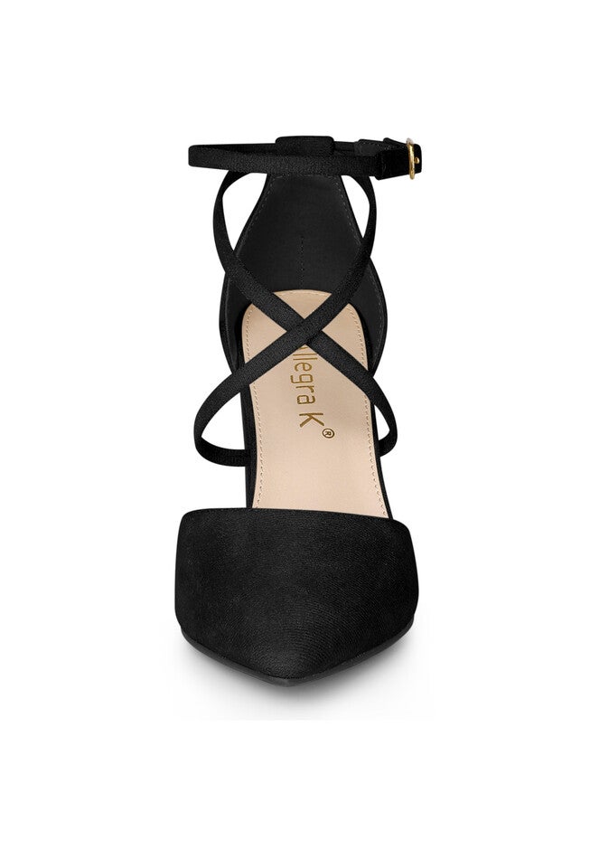 Crisscross Strap Pointed Toe Chunky Heels Pumps, Black / Black, alternate image number 1