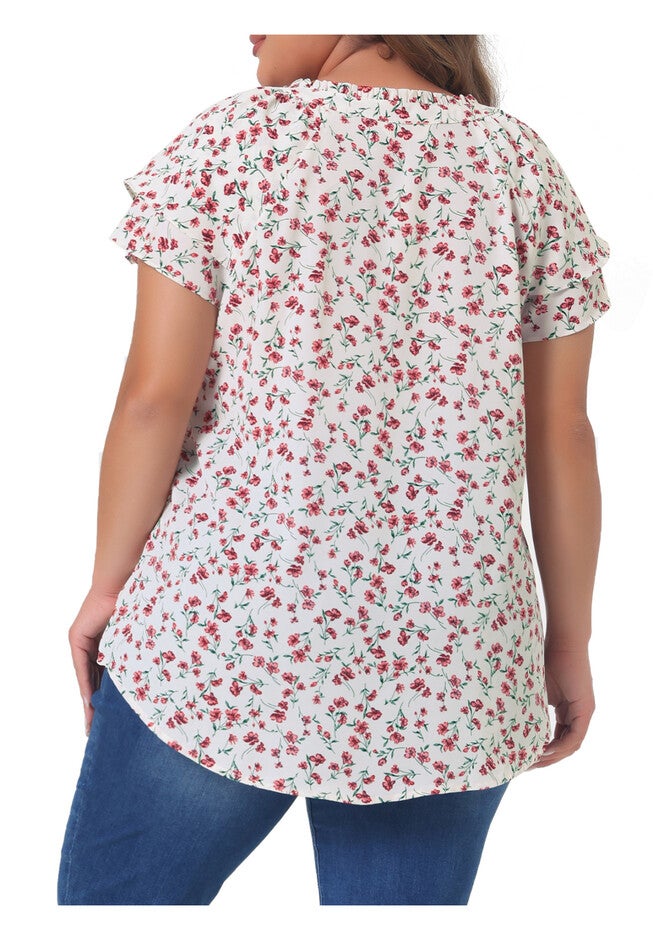 Floral Ruffle Trim V Neck Layered Sleeve Blouse, Pink White / White, alternate image number 3
