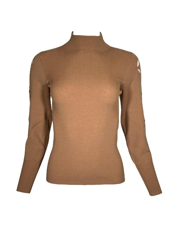 LASER CUT STRETCH MERINO SWEATER, Camel / Brown, hi-res image number null