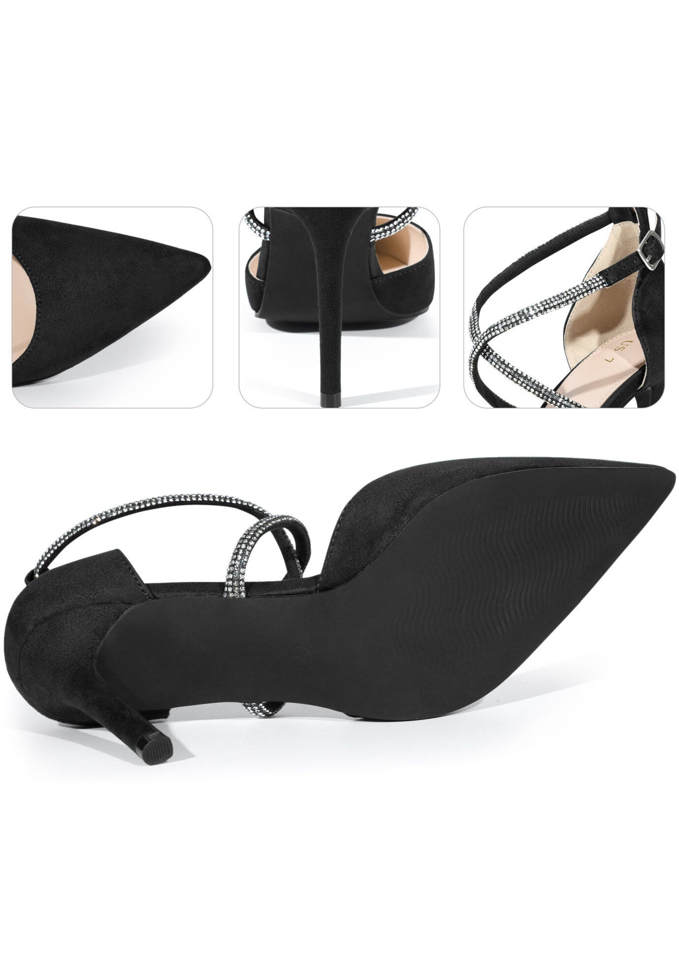Pointed Toe Crisscross Rhinestone Stiletto Heel Pumps, Black / Black, alternate image number 2