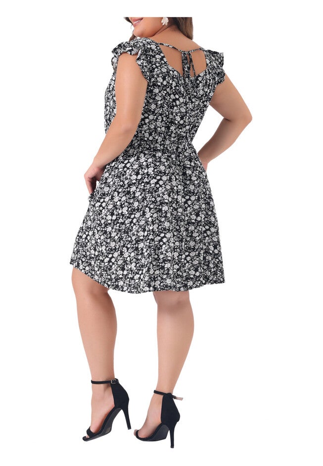 Summer Square Neck Ruffle Short Sleeve Midi Dress, Black / Black, alternate image number 3
