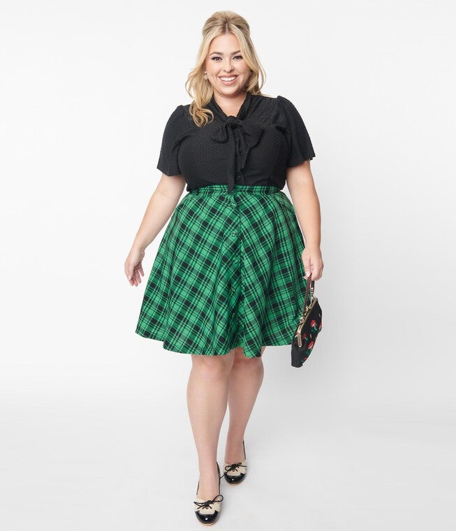 Unique Vintage Green & Black Plaid Swing Skirt, Green / Kelly Green, hi-res image number null