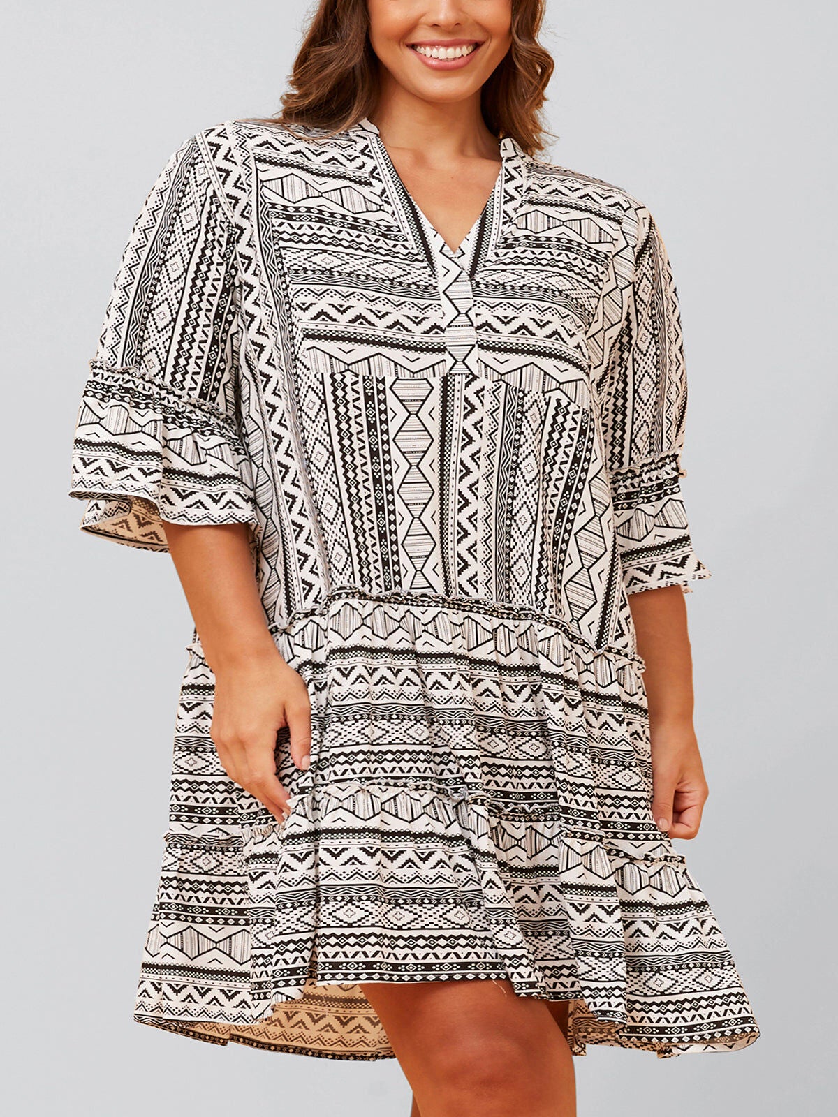 Louise Dress Geo Aztec Print V-Neck, Black / Black, hi-res image number 0