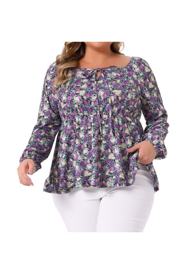 Sweetheart Neckline Long Sleeve Floral Peplum Top, Purple / Purple, alternate image number 1