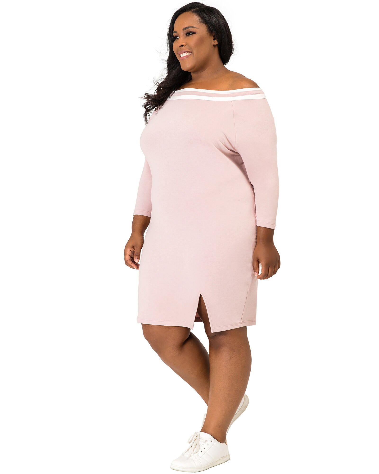 Eva Dusty Mauve Atheletic Stripe Off-The-Shoulder Knee-Length Dress, Pink / Pink, alternate image number 3