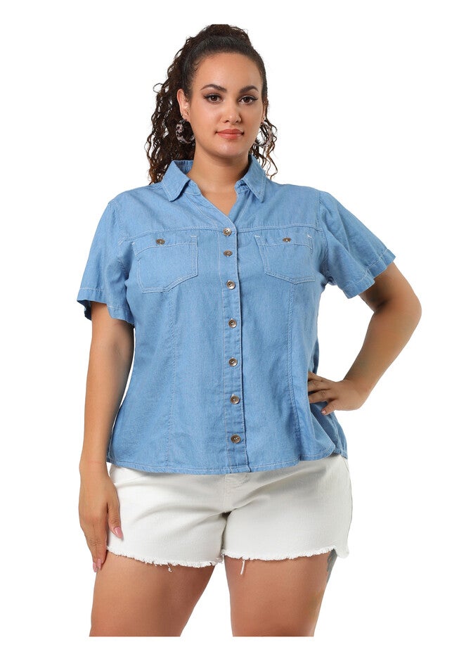 Short Sleeve Chambray Button Down Denim Shirt, Light Blue / Light Blue, hi-res image number 0