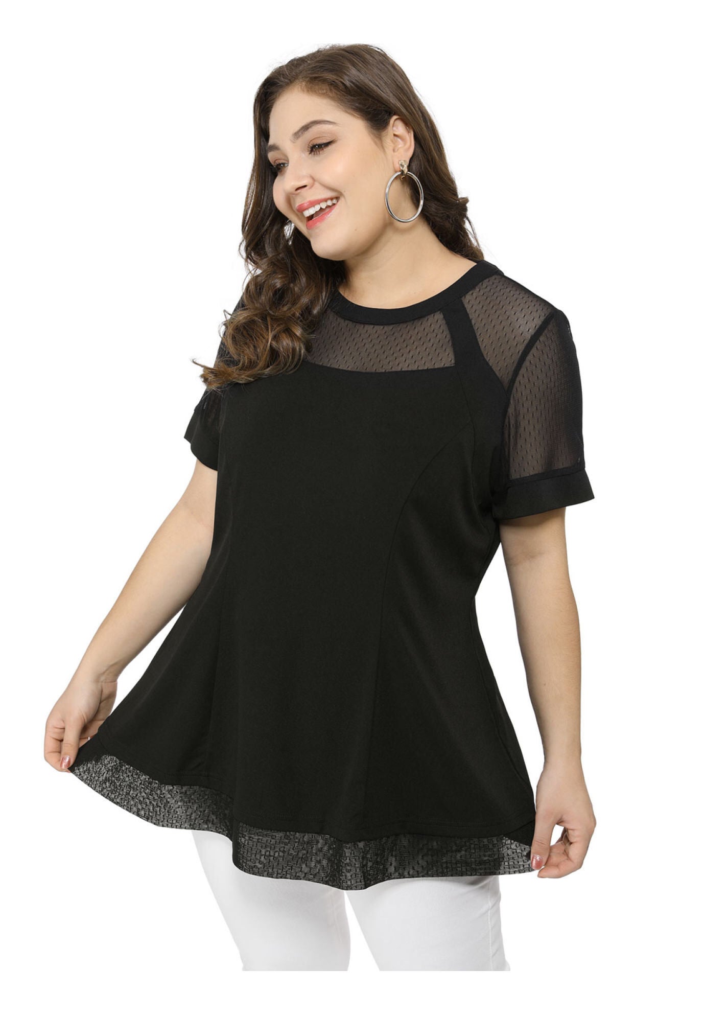 ROUND NECK SHORT SLEEVE MESH SHEER SUMMER PEPLUM TOP, Black / Black, hi-res image number 0