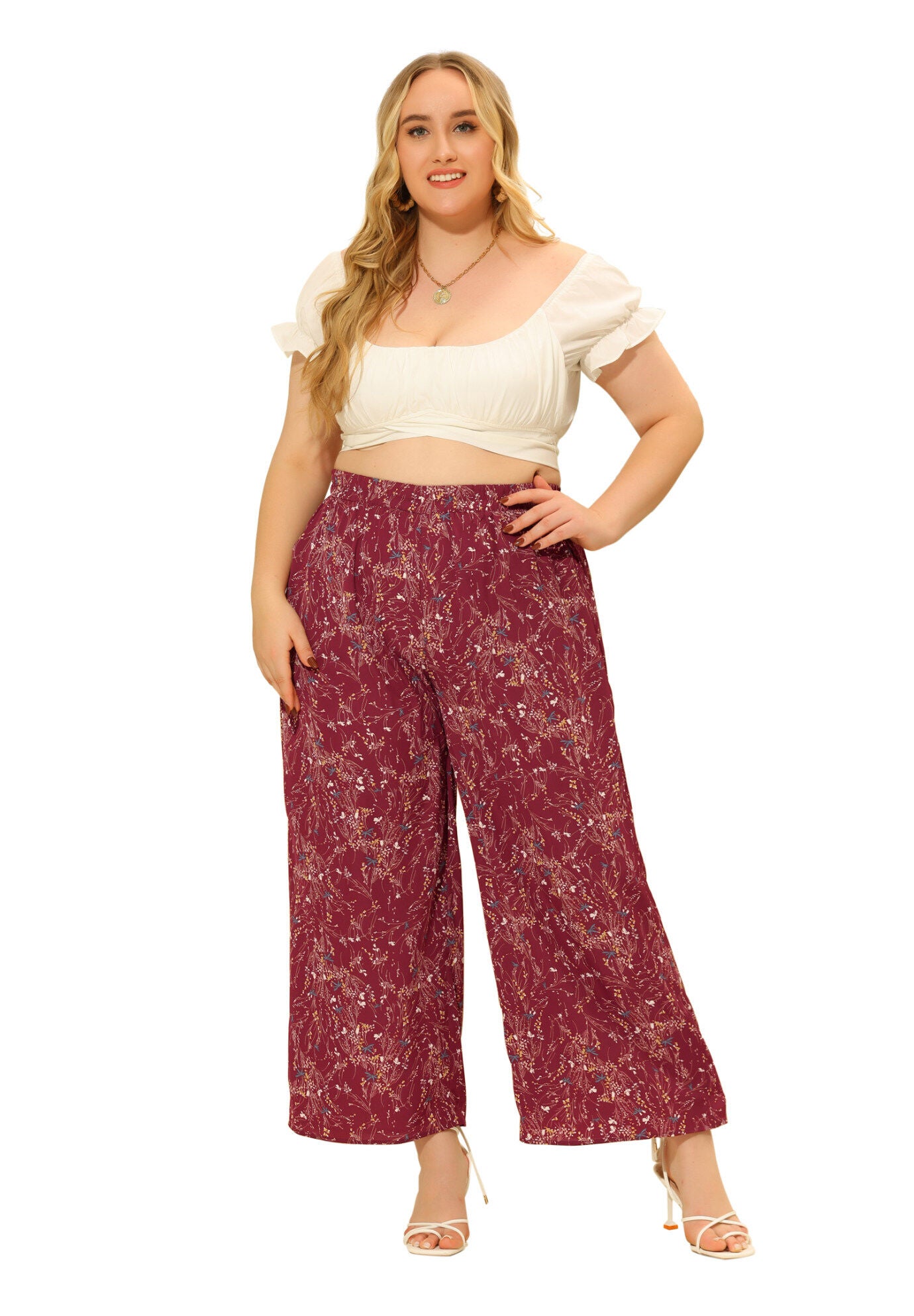 CHIFFON HIGH WAIST WIDE LEG PALAZZO PANTS, Red / Red, hi-res image number 0