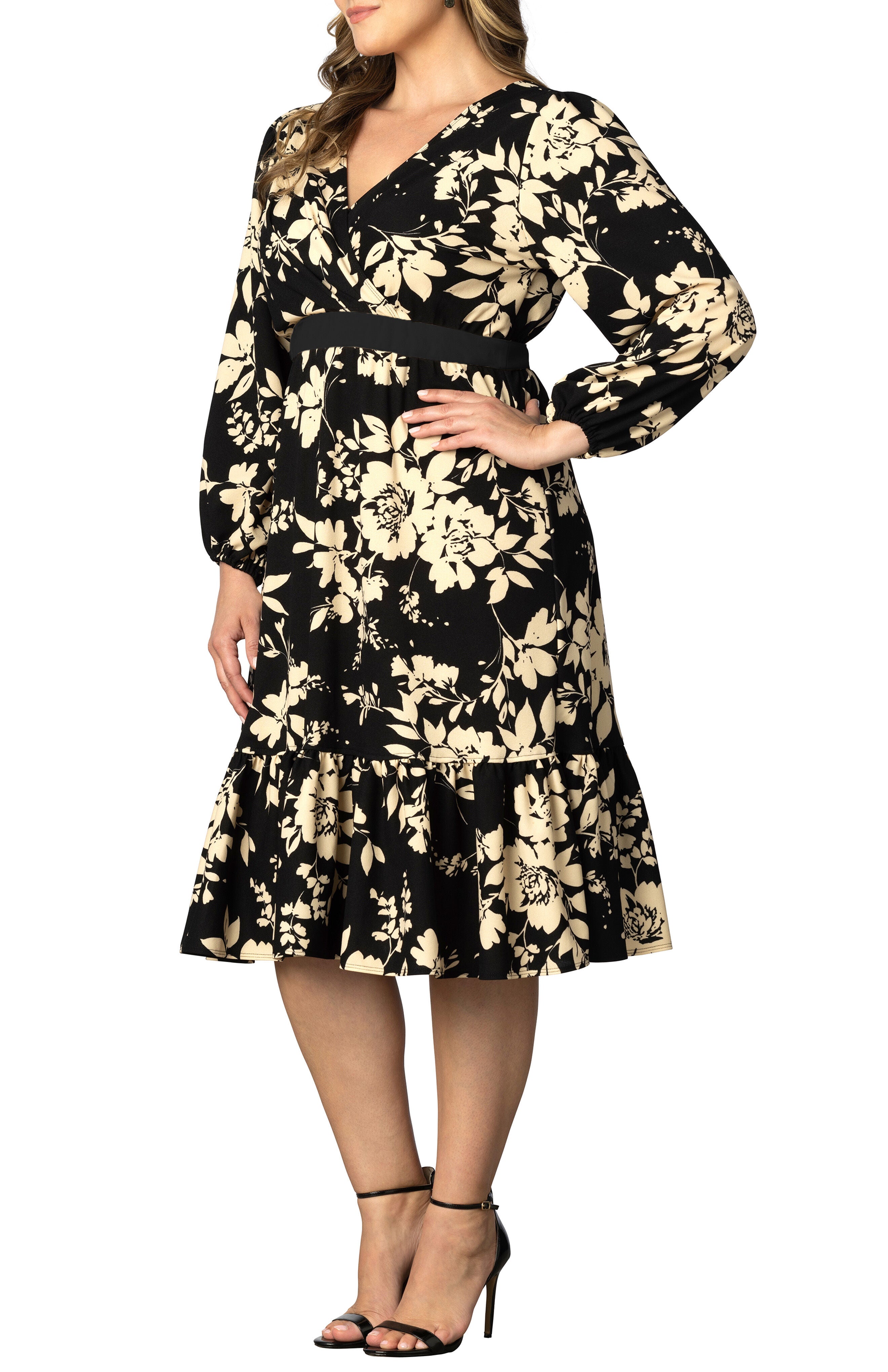 PORTIA LONG SLEEVE DRESS, VINTAGE IVORY FLORALS / Black, alternate image number 2