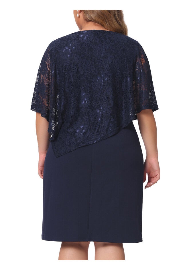 Lace Overlay Bodycon Pencil Cape Dress, Dark Blue / Navy, alternate image number 3