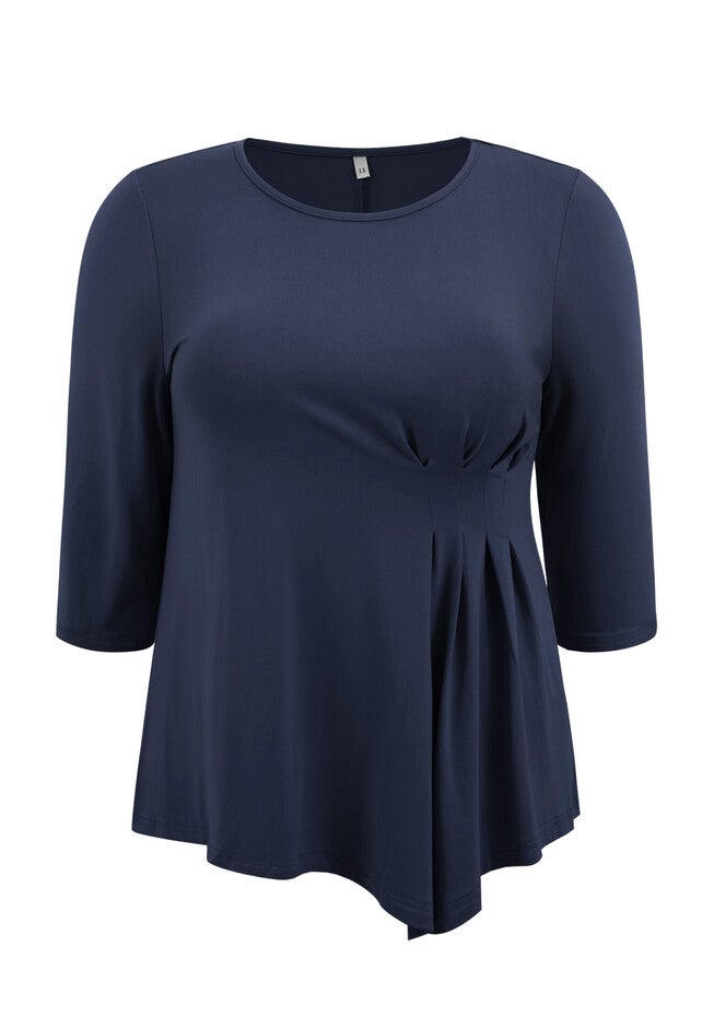 Crew Neck 3/4 Sleeve Waist Pleated Asymmetric Hem Loose Fit Blouse, Dark Blue / Navy, alternate image number 3