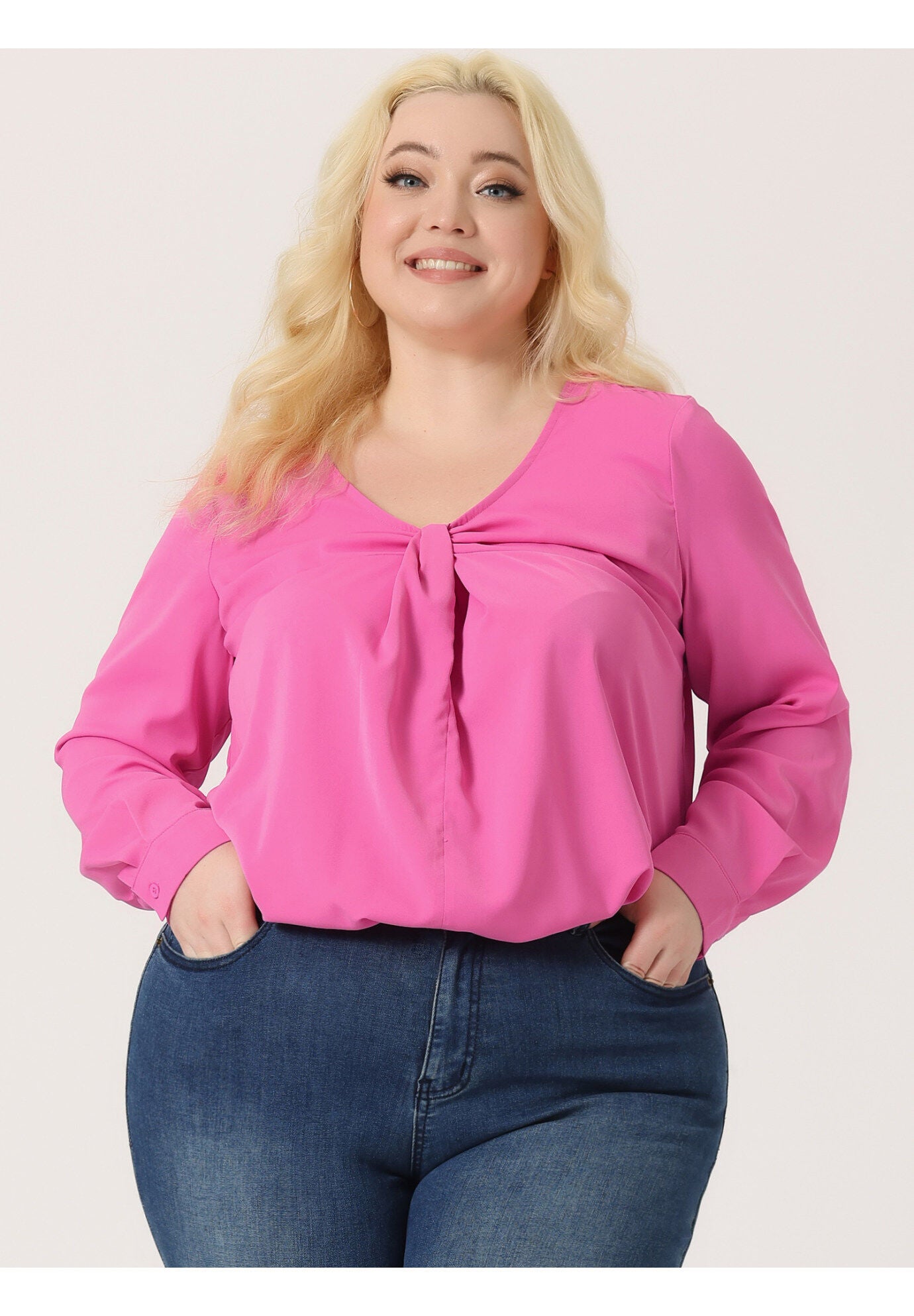 V NECK LONG SLEEVE TWIST KNOT TOP, Hot Pink / Pink, alternate image number 1