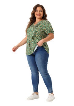 Short Sleeve Pleated T-Shirts Notched V Neck Blouse Floral Top