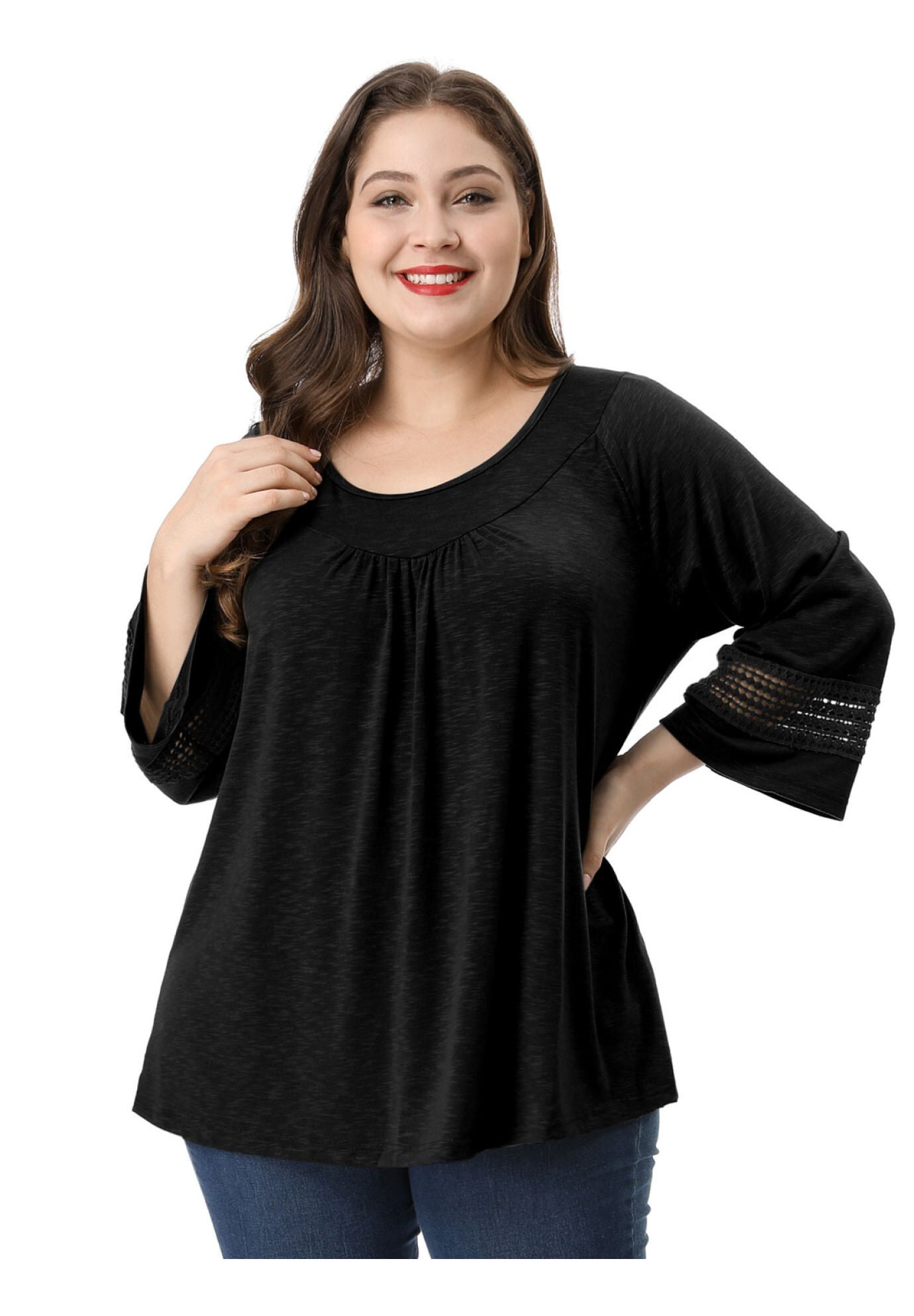 CROCHET PANEL HOLLOW OUT PLEATED TUNICS BLOUSE TOP, Black / Black, alternate image number 2