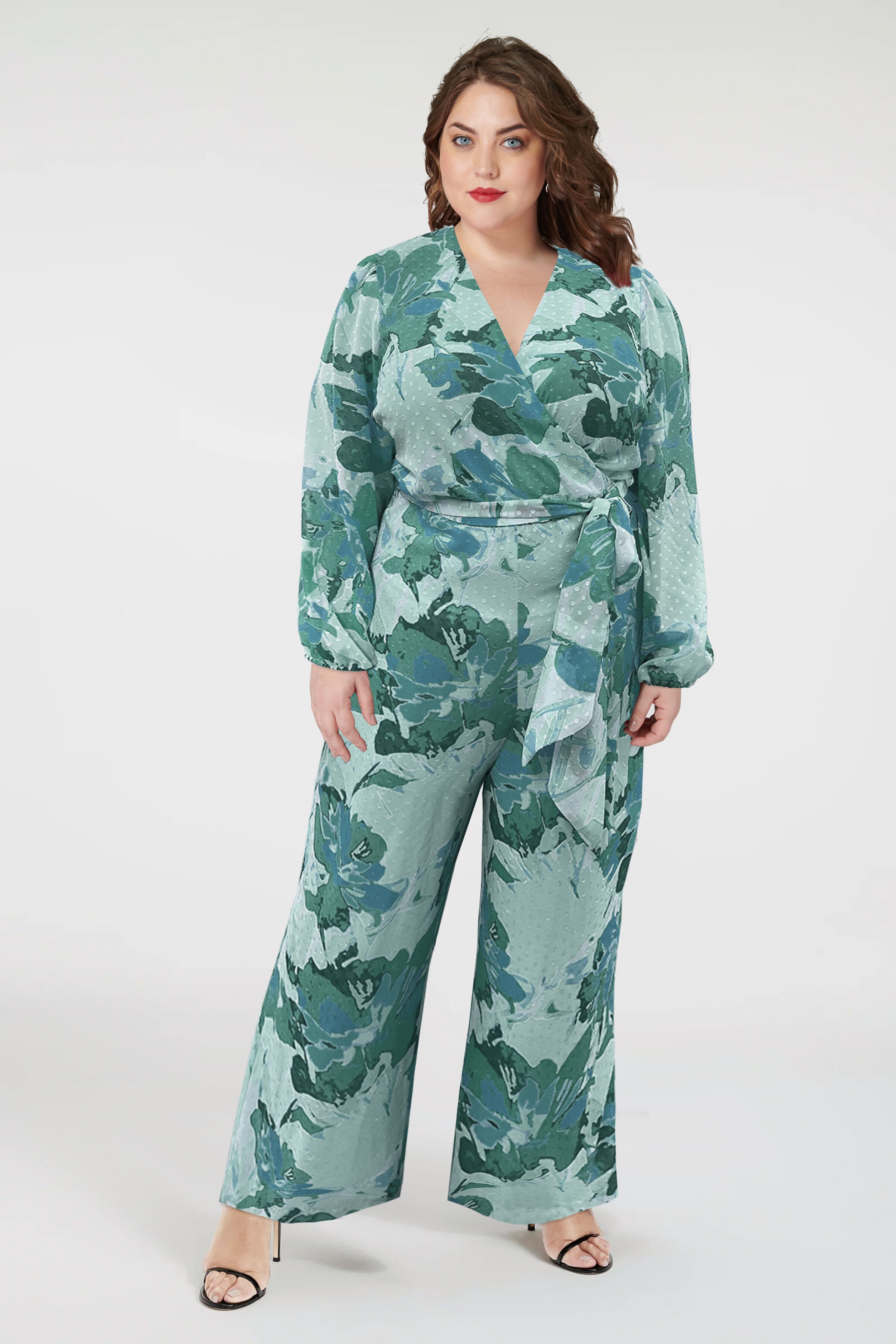 Floral Faux Wrap Jumpsuit, Green / Sage Green, hi-res image number 0