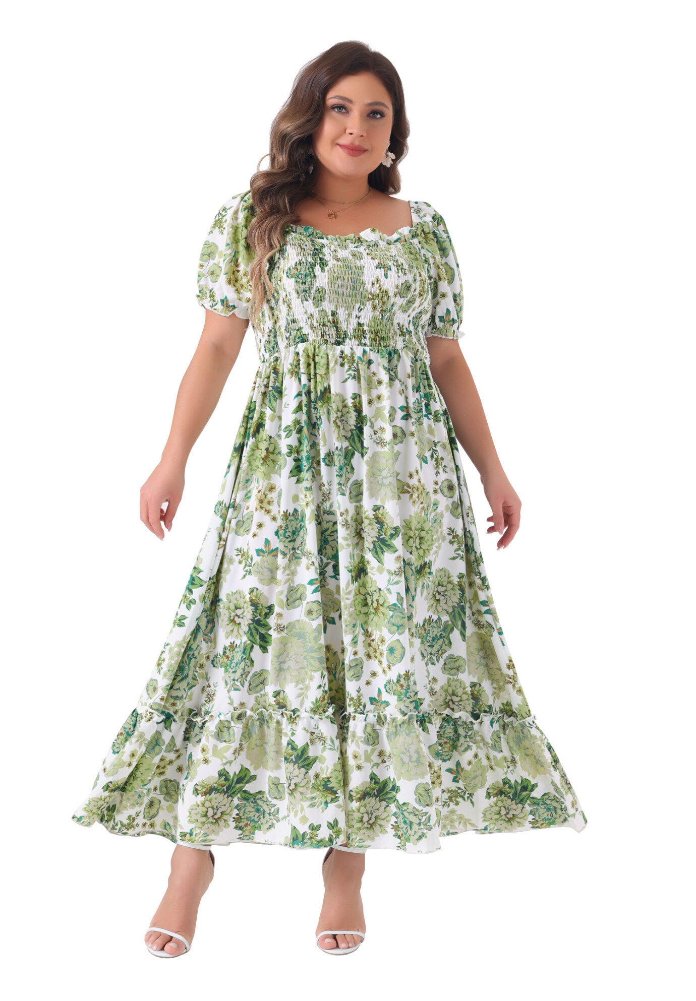 Short Sleeve Shirred Square Neck Floral Maxi Dress, Green / Sage Green, hi-res image number 0
