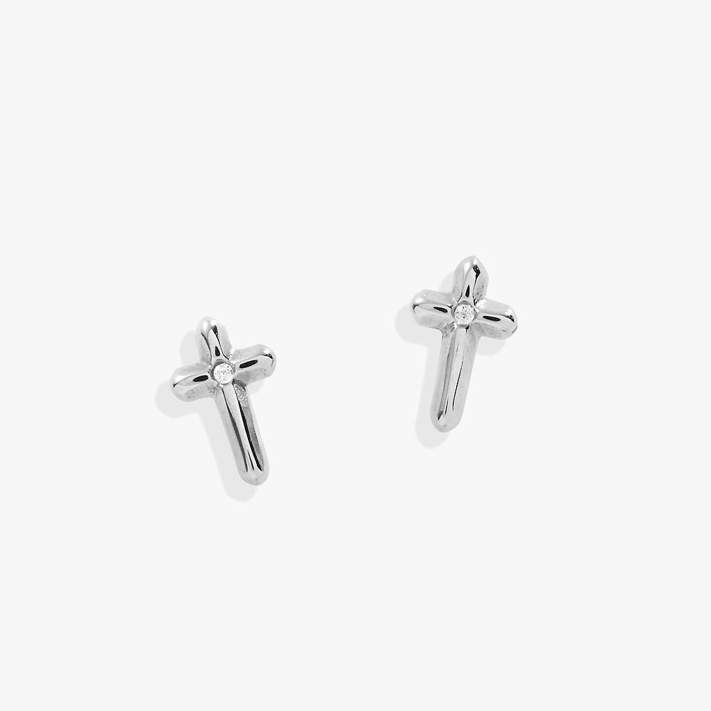 Crystal Cross Mini Stud Earrings, Silver / Silver, alternate image number 1