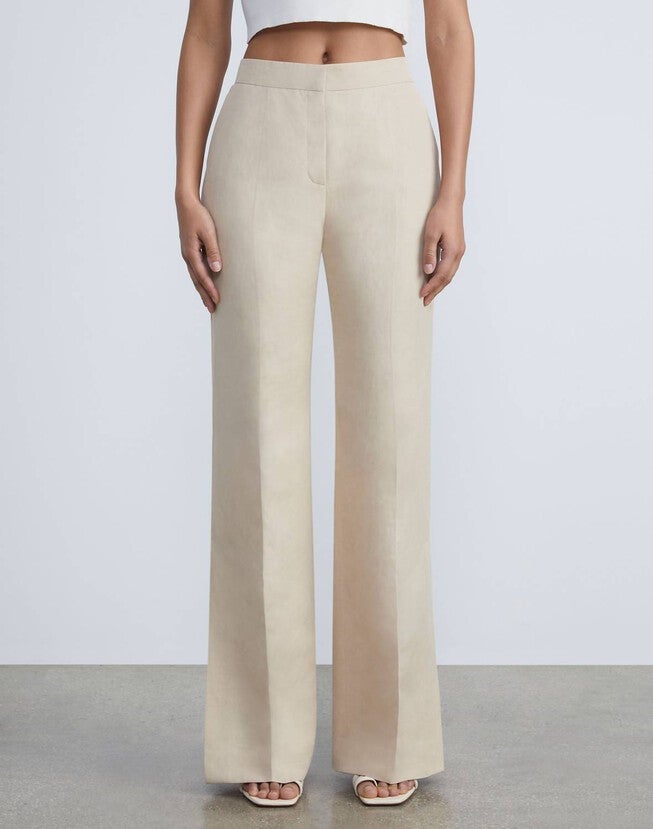 SILK-LINEN GATES SIDE SLIT FLARED PANT IN DUNE, Dune / Beige, hi-res image number null