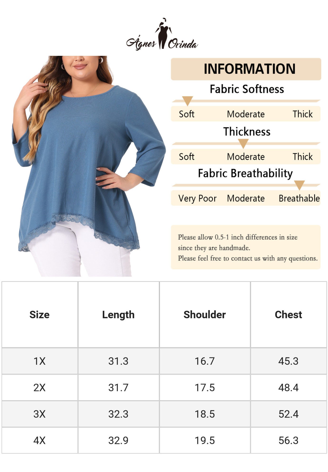 Waffle 3/4 Sleeve Lace Panel Loose High Low Hem Blouse Top, Blue / Cornflower Blue, alternate image number 4