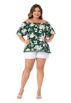 Square Neck Floral Tassel Hem Short Sleeves Boho Blouse