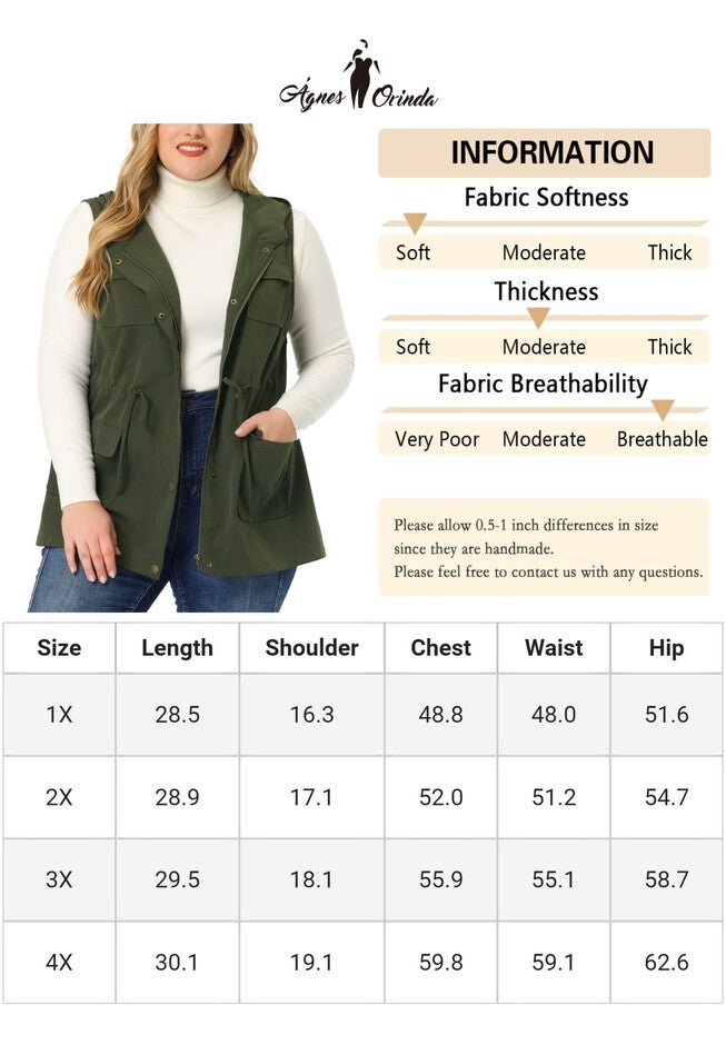 DRAWSTRING LIGHTWEIGHT SLEEVELESS CARGO HOODED ANORAK UTILITY VEST, Army Green / Olive Green, alternate image number 3