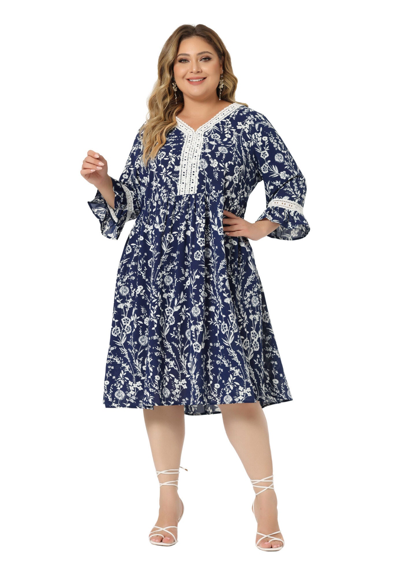 Vintage Lace Floral Ruffle V Neck 3/4 Sleeve Midi Babydoll Dress, Navy Blue / Navy, hi-res image number 0