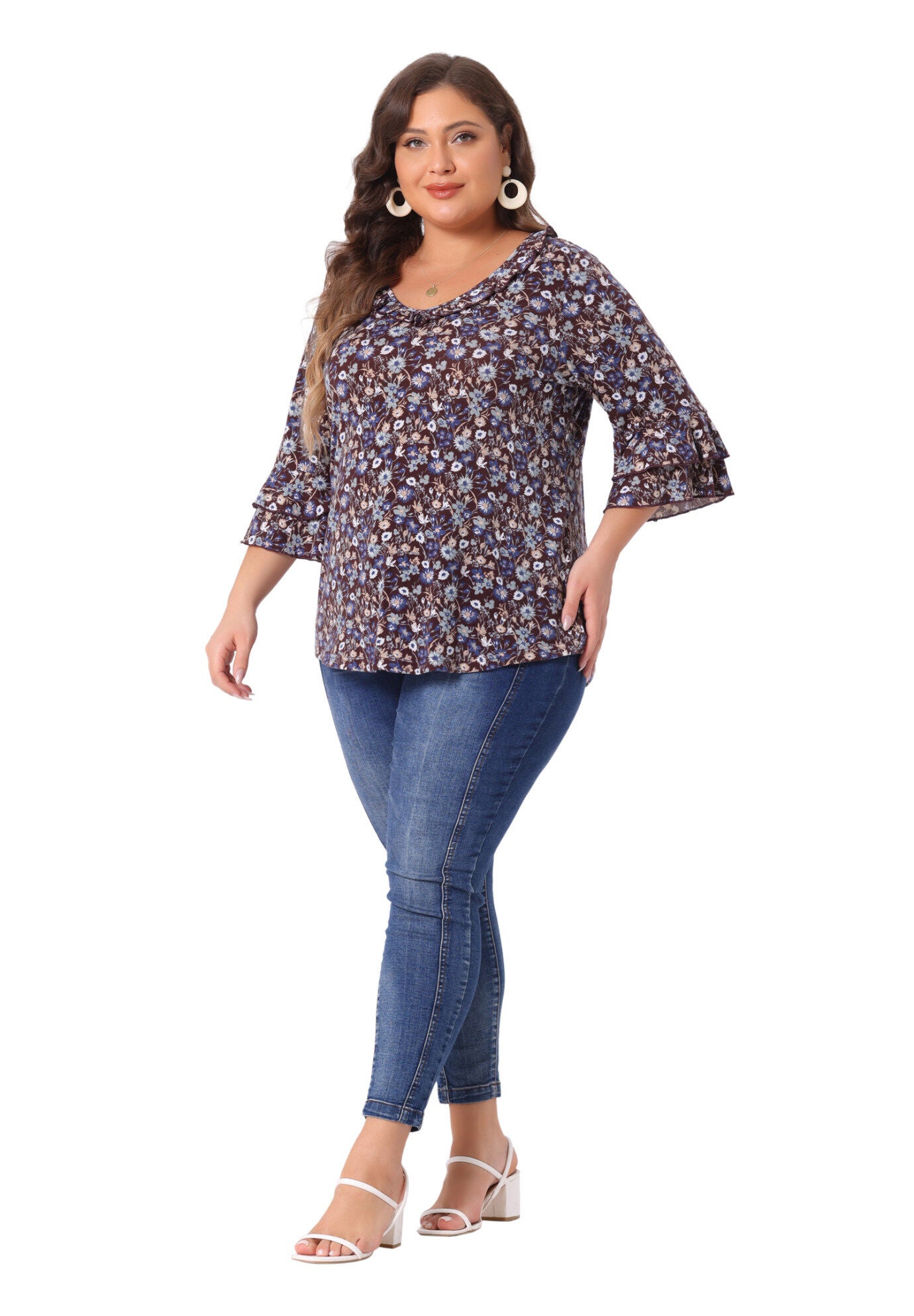 Floral Print V Neck Tiered Ruffle Bell Sleeve Blouse Top, Red Brown / Burnt Orange, hi-res image number 0