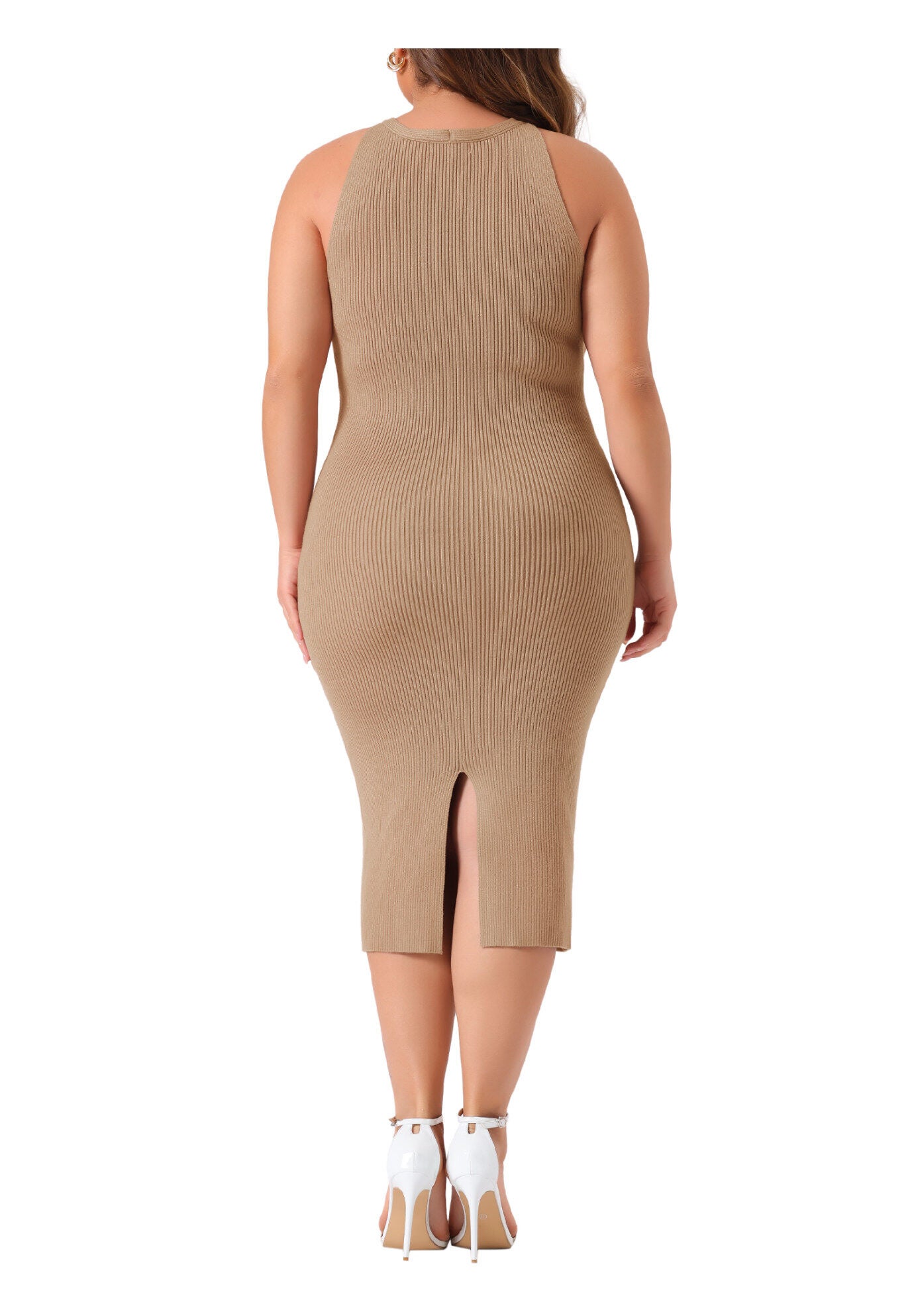 Twist Front Halter Neck Ribbed Sleeveless Bodycon Midi Sweater Dress, Khaki / Brown, alternate image number 3