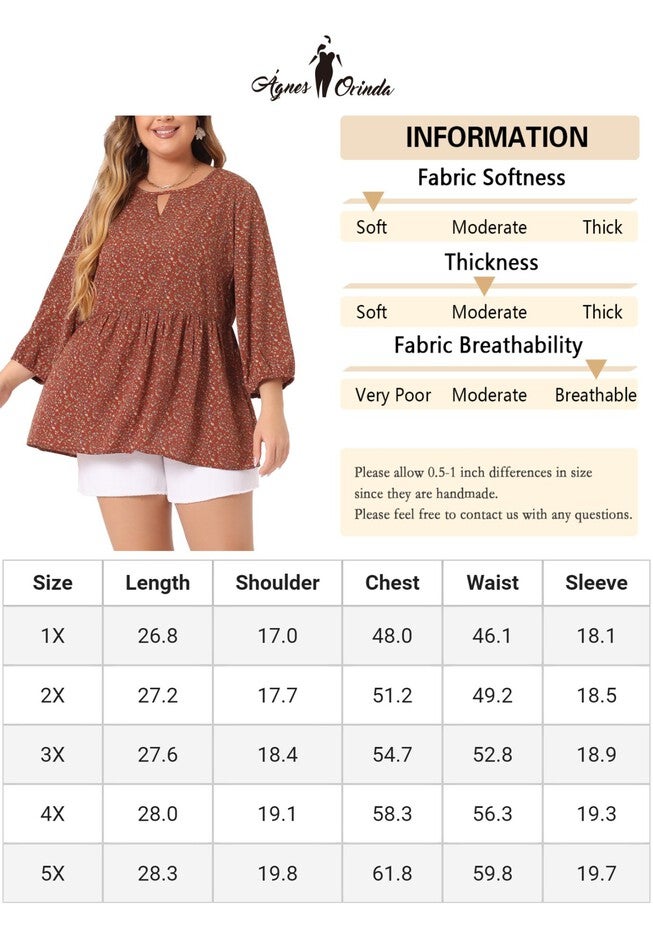 3/4 Sleeves Babydoll Chiffon Keyhole Floral Flowy Top Blouse, Red Brown / Terracotta, alternate image number 4