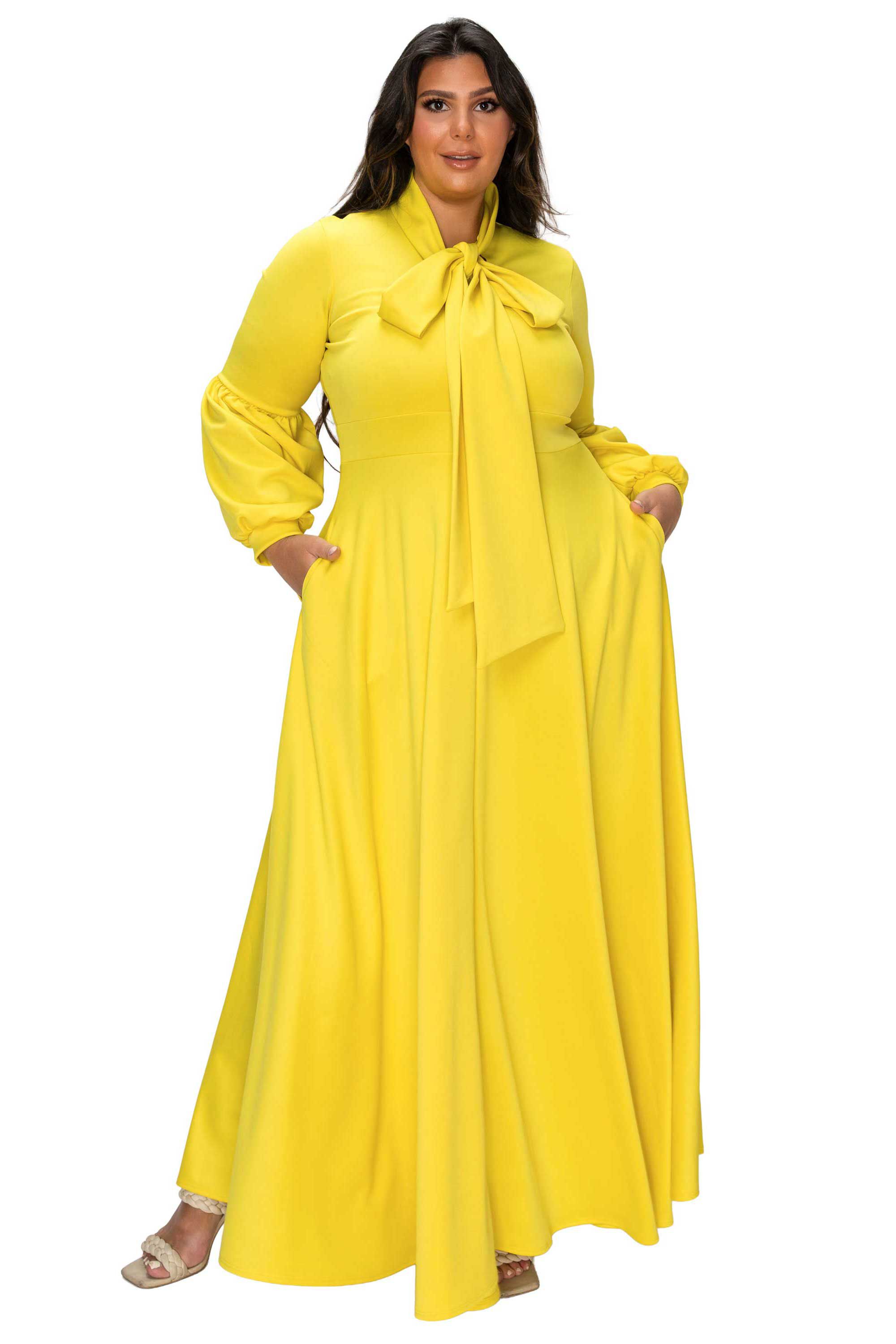 Bella Donna Dress with Ribbon and Bishop Sleeves, Yellow / Vanilla, hi-res image number 0
