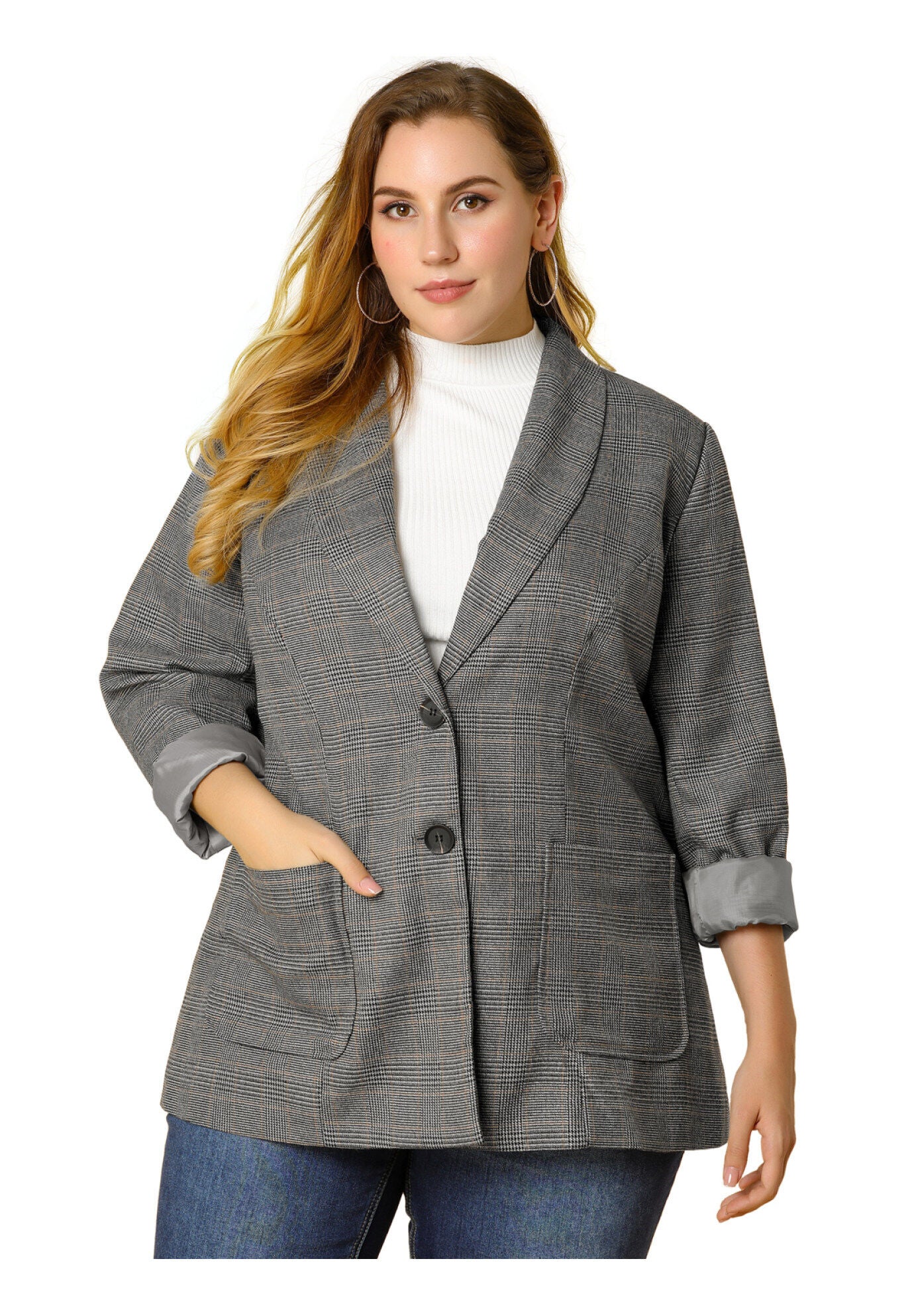 PLAID LAPEL SINGLE BREASTED BLAZER, Grey / Light Grey, alternate image number 1