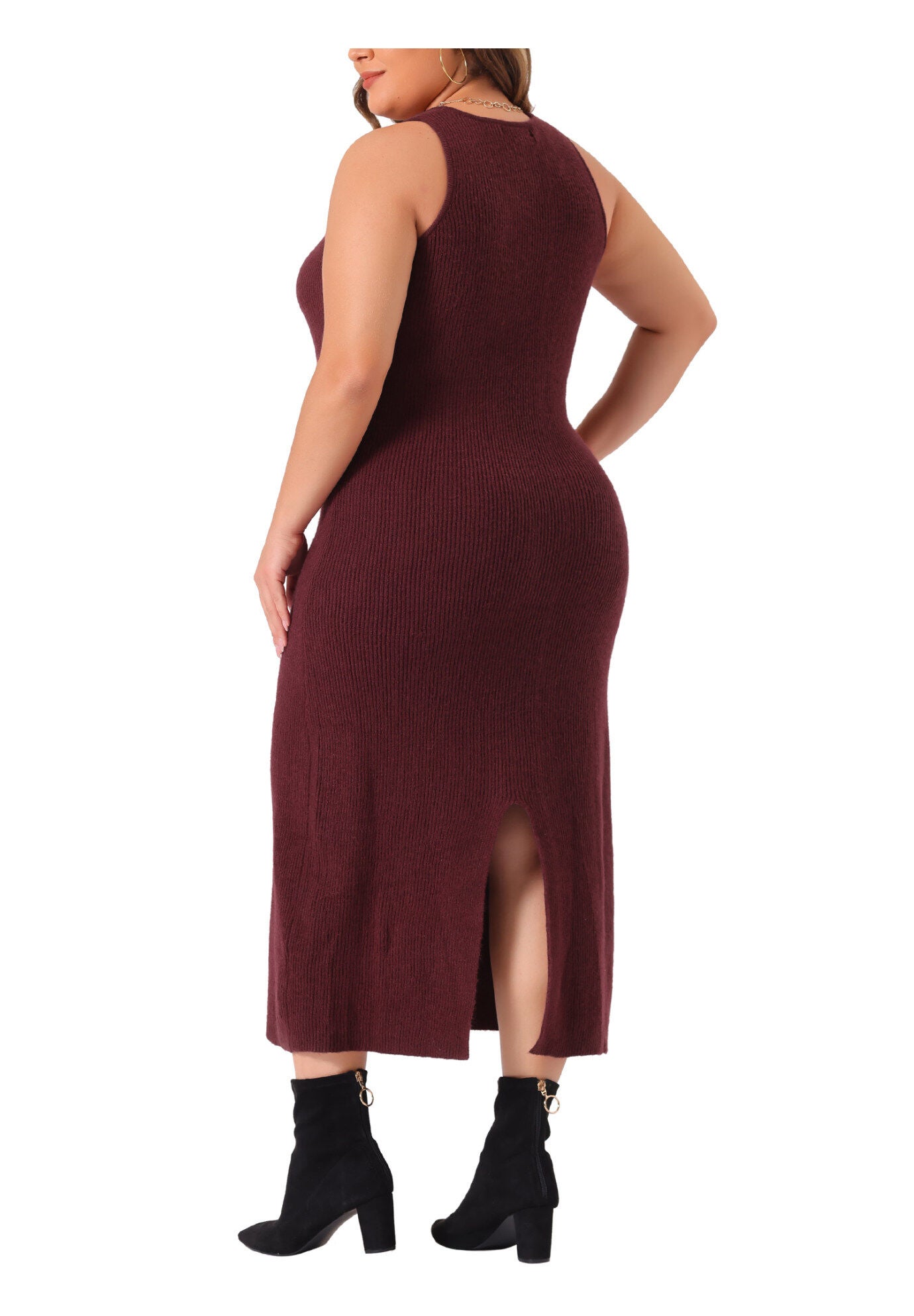 Crew Neck Sleeveless Knit Bodycon Midi Sweater Tank Dress, Burgundy / Burgundy, alternate image number 2