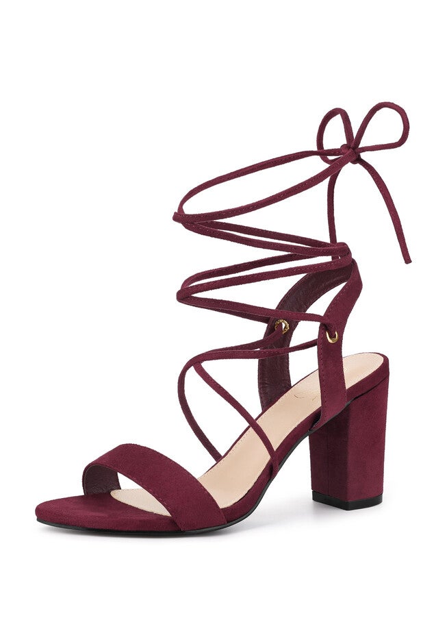 Lace Up Slingback Block High Heels Sandals, Burgundy / Burgundy, alternate image number null