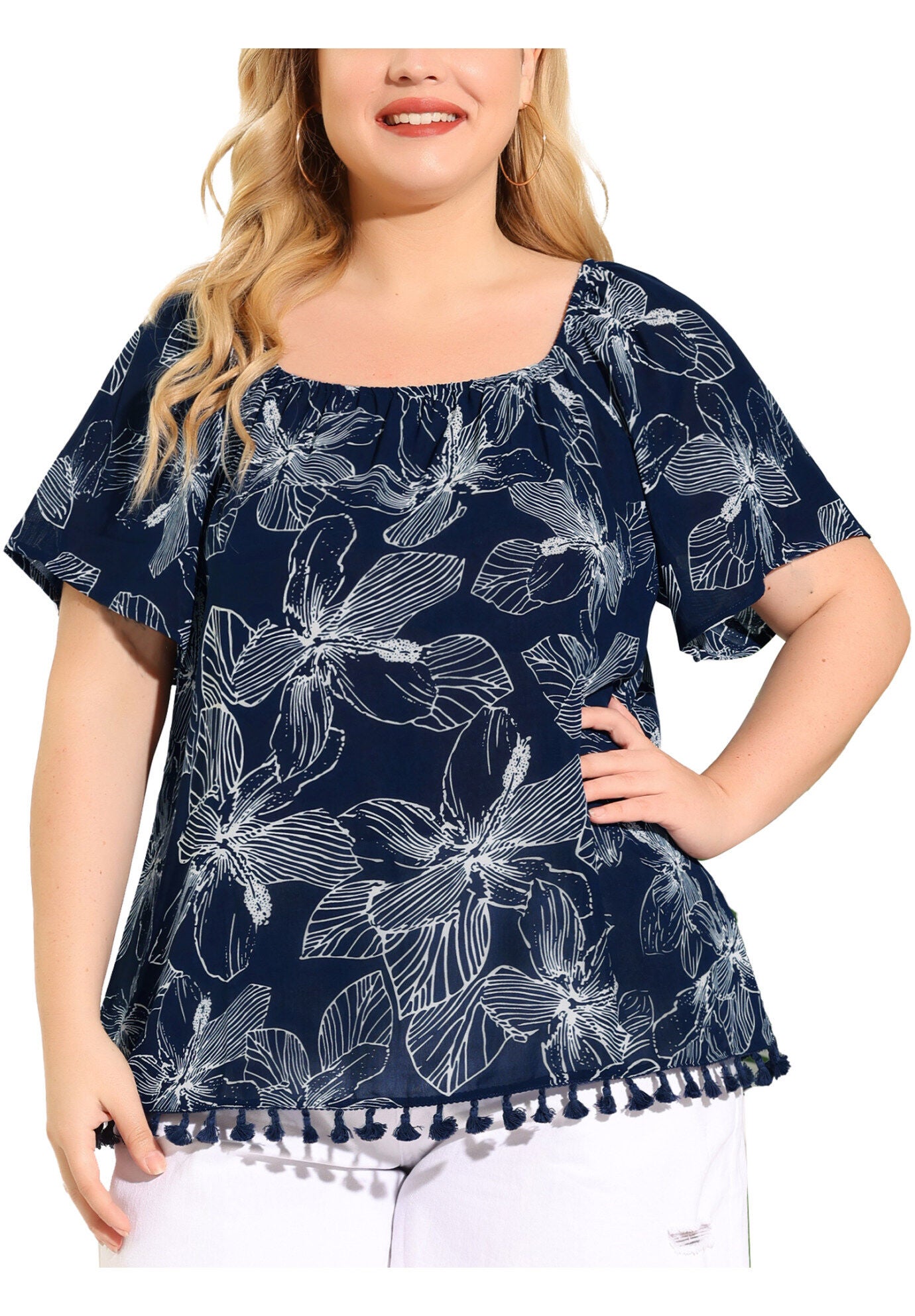 Square Neck Floral Tassel Hem Boho Tops, Navy Blue / Navy, alternate image number 2
