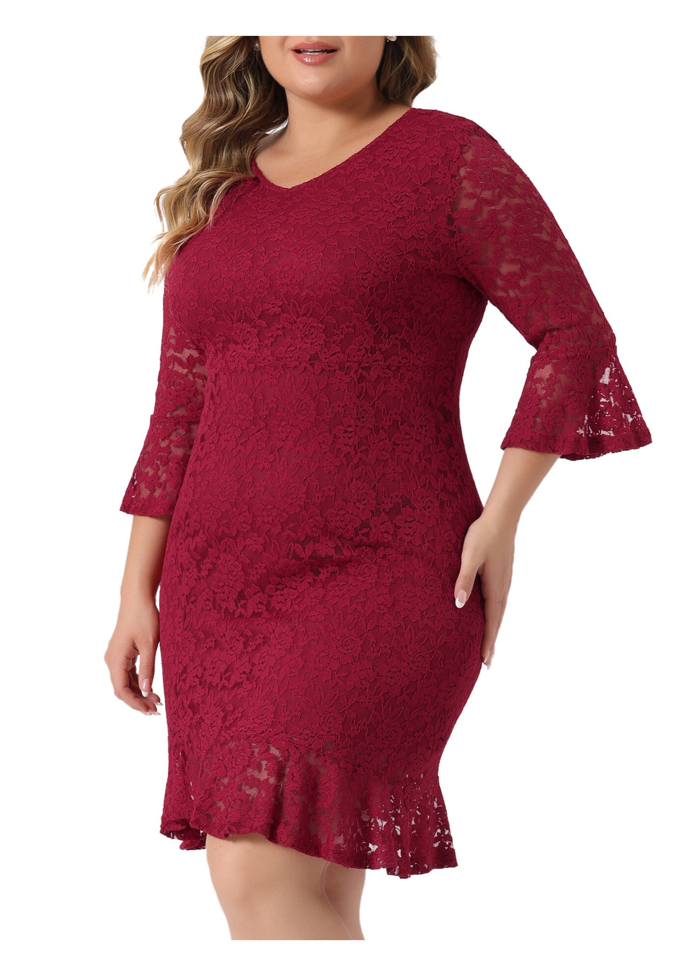 Ruffle Sleeves Cocktail Bodycon Dress, Burgundy / Burgundy, alternate image number 1