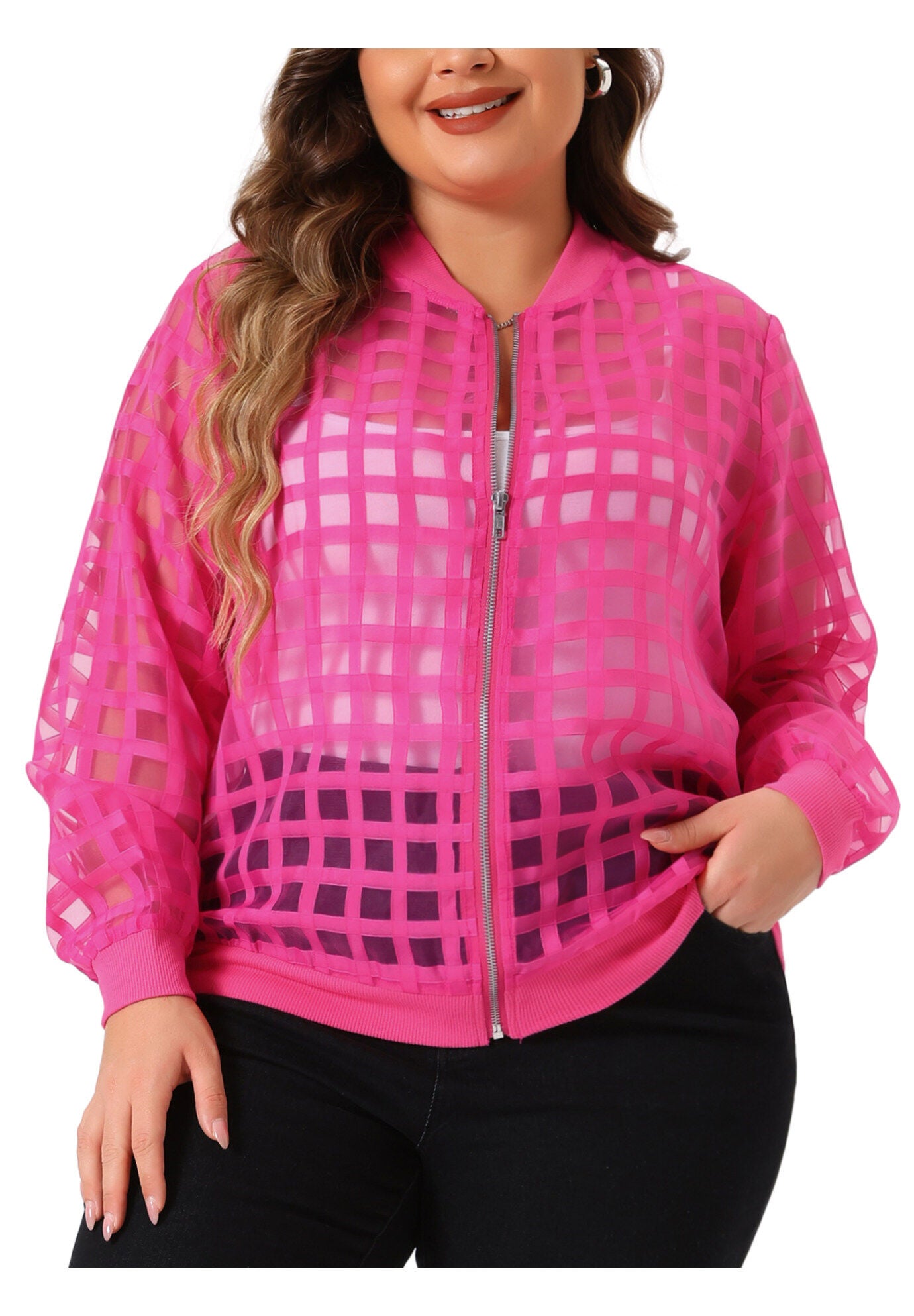 HOLLOW OUT BASEBALL COLLAR ZIP UP BOMBER JACKET, Hot Pink / Deep Fuchsia, alternate image number 2