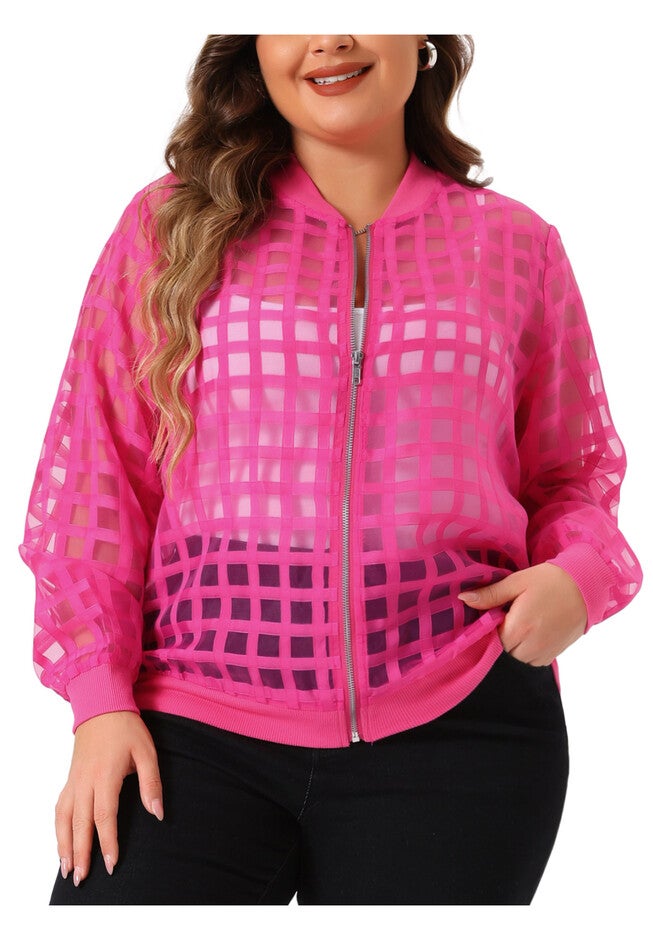 HOLLOW OUT BASEBALL COLLAR ZIP UP BOMBER JACKET, Hot Pink / Deep Fuchsia, alternate image number 2