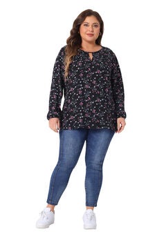 Chiffon Long Sleeve Keyhole Blouse Floral Top