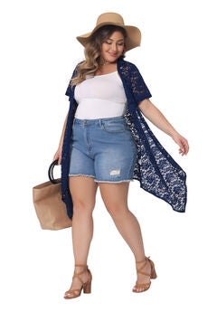 Lace Crochet Cardigan Open Front Short Sleeves Sheer Cover Up