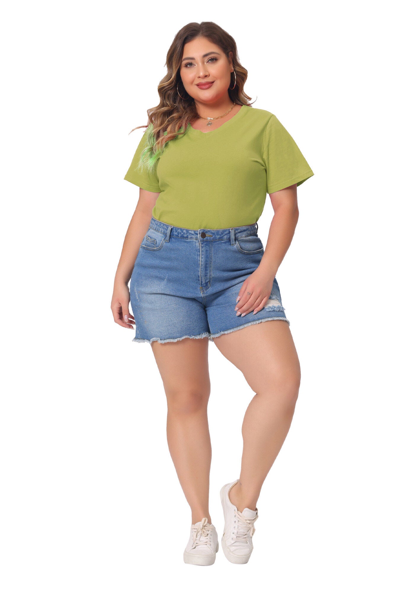 Short Sleeve V Neck Basic T-Shirt Top, Olive Green / Olive Green, hi-res image number 0