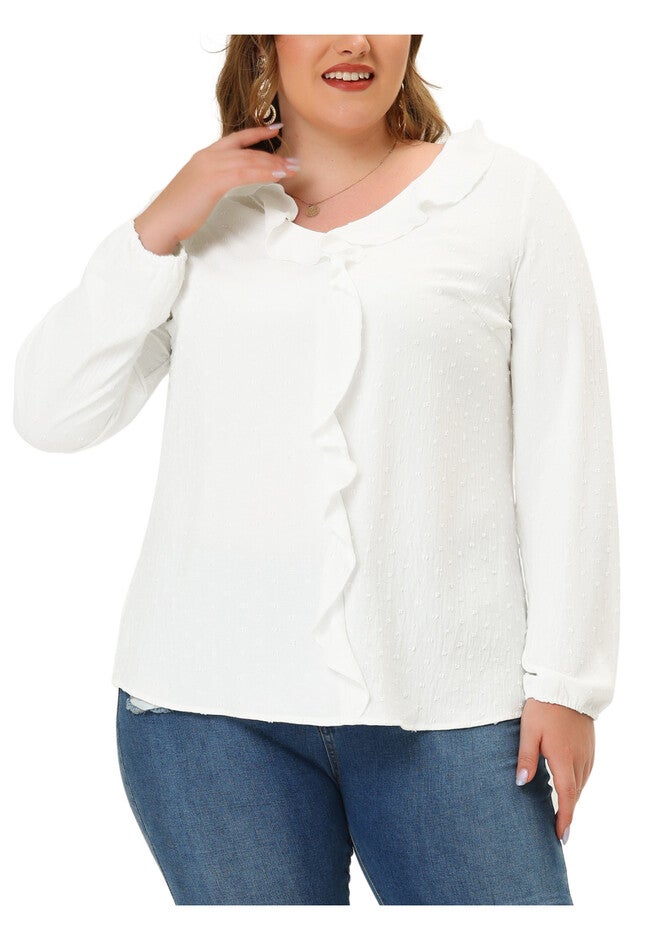 Swiss Dot Top Lantern Sleeve V Neck Casual Work Shirt Ruffle Blouse, White / White, alternate image number 1