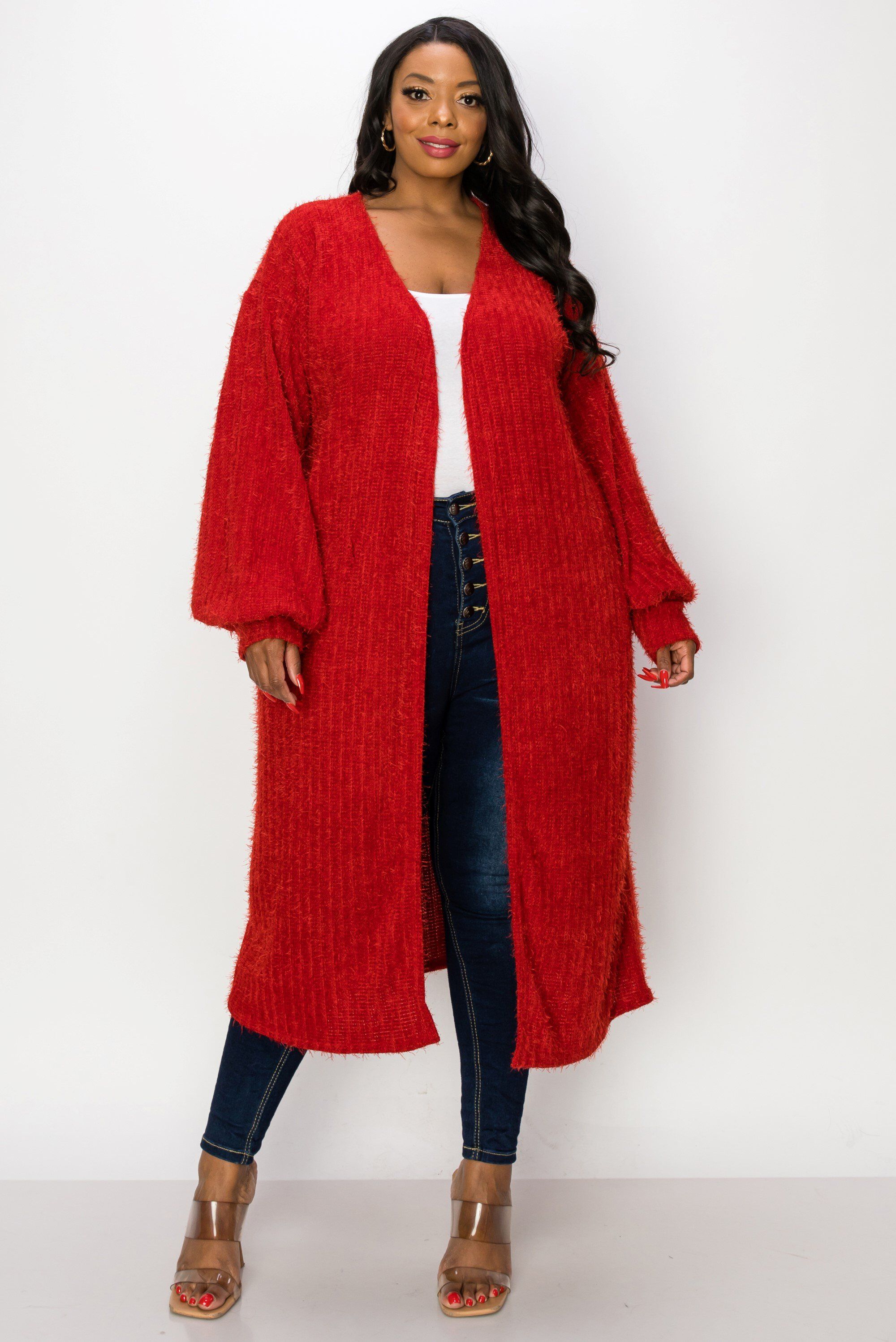 SERILDA FAUX FEATHER CARDIGAN, Red / Red, hi-res image number 0