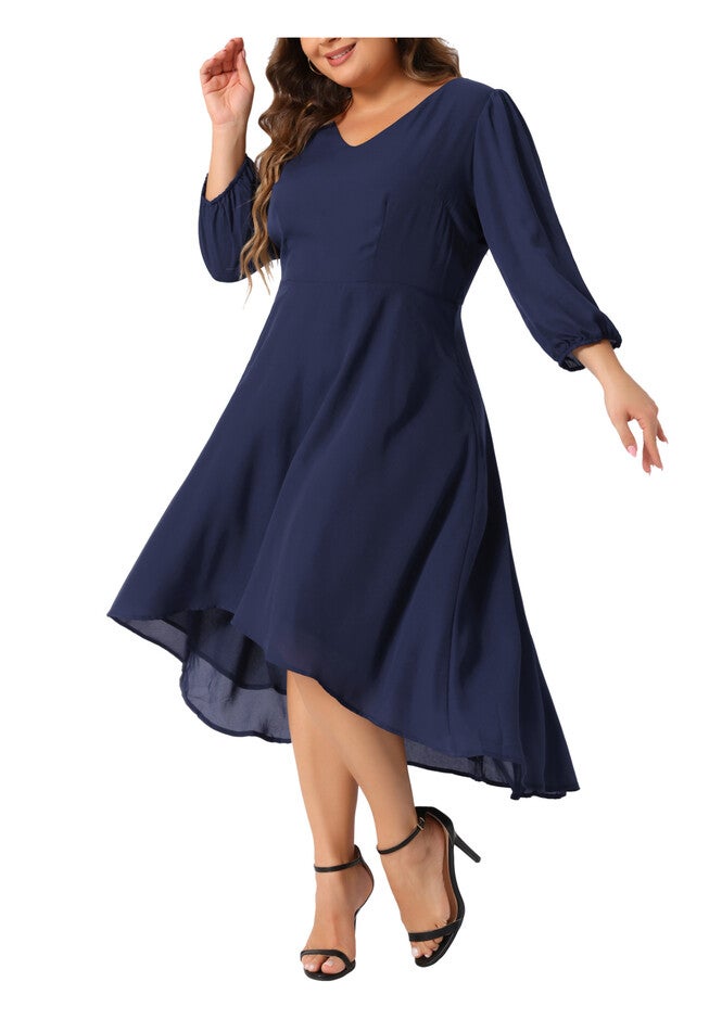 Chiffon V Neck 3/4 Sleeves A-Line Midi Wedding Guest Dress, Dark Blue / Navy, alternate image number 2