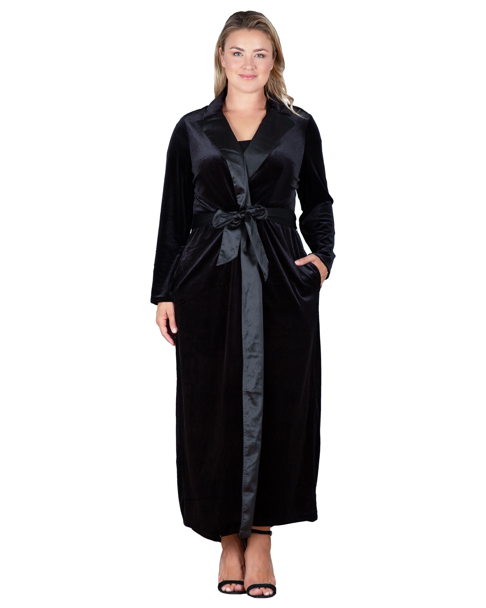 Plus Size Freya Stretch Velvet Wrap Midi Coat Dress With Satin Lapel And Satin Belt, Black / Black, hi-res image number 0
