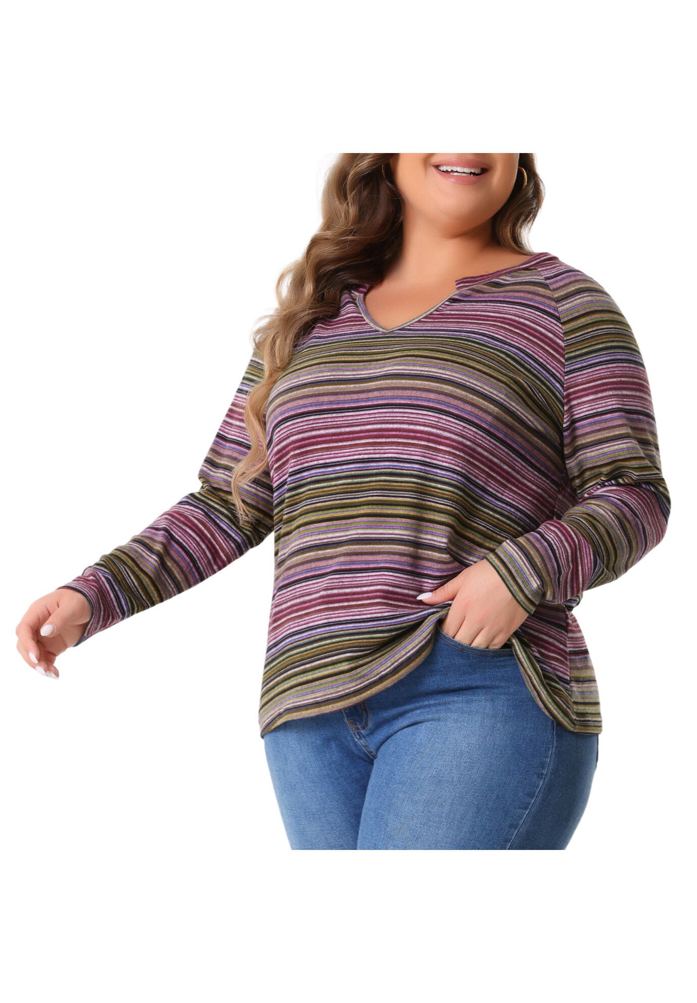 Long Sleeve T-Shirt Notch V Neck Blouse, Pink / Pink, alternate image number 2