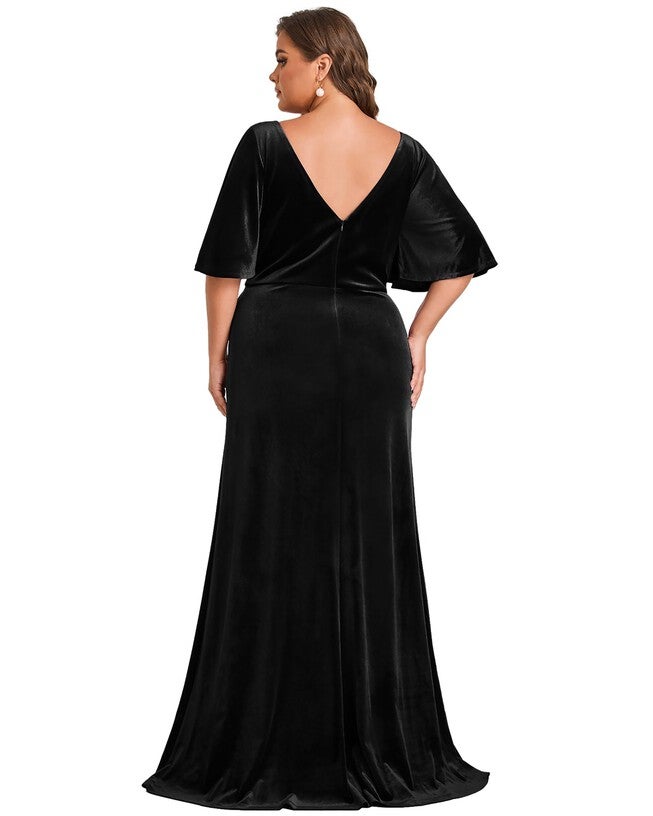 Elegant Double V Neck Velvet Party Dress with Sleeves, , alternate image number 5