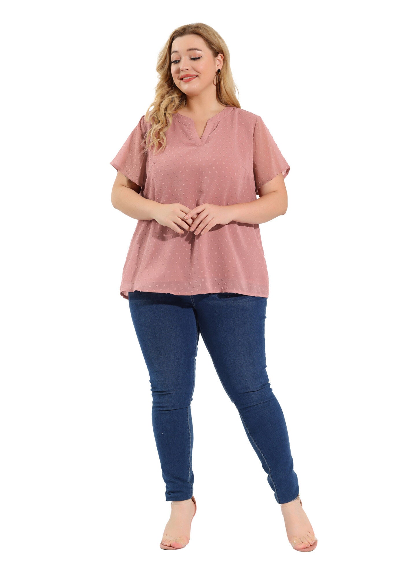 Swiss Dots Notched Neck Short Sleeve Basic Blouse, Pink / Pink, hi-res image number 0