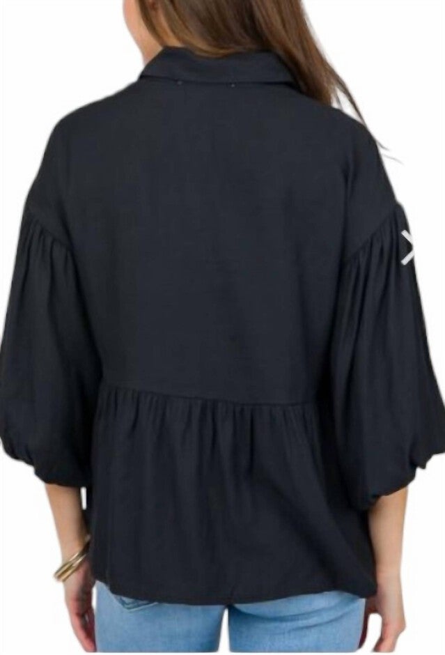 COLLARED BALLOON SLEEVE BUTTON DOWN SHIRT, Black / Black, alternate image number null