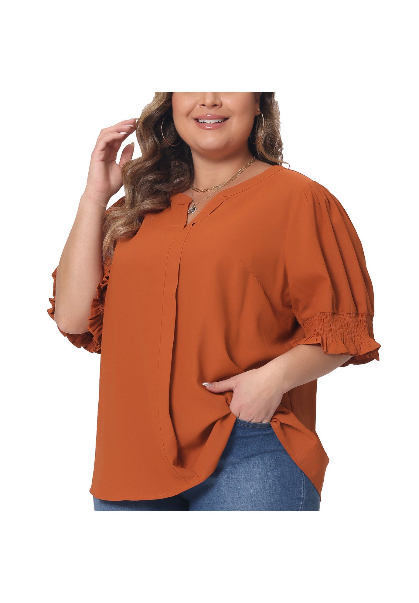 Notched V Neck Puff Short Sleeve Blouse Top, Orange / Burnt Orange, alternate image number 1